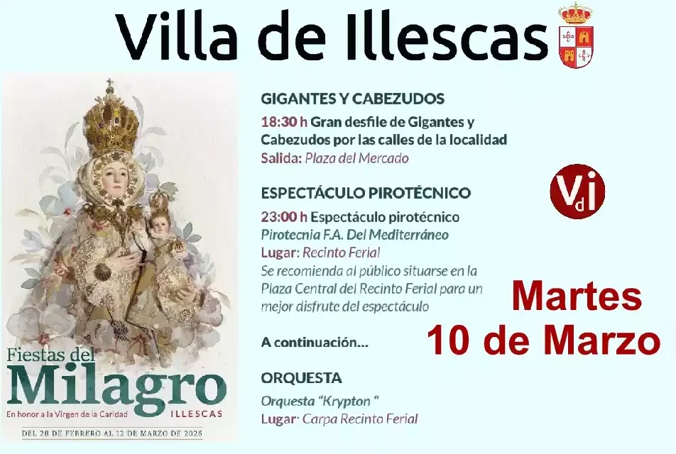 El programa para el martes 10 en las Fiestas del milagro Illescas 2.026