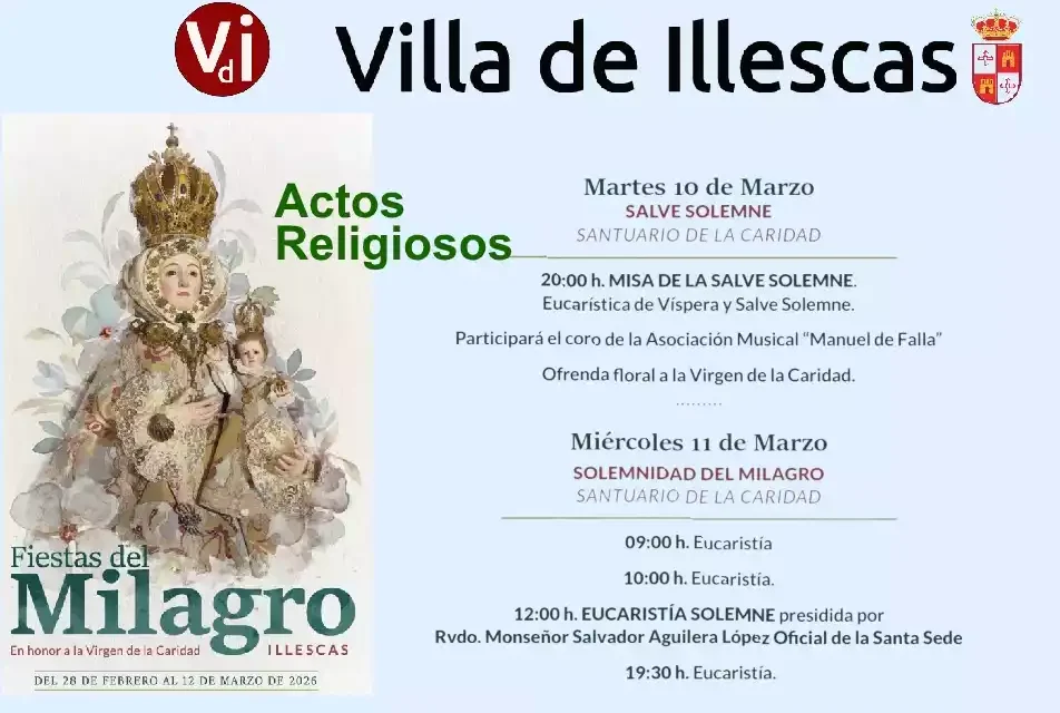 Programa de actos religiosos en fiestas del Milagro 2026 para los días 10 y 11 de Marzo