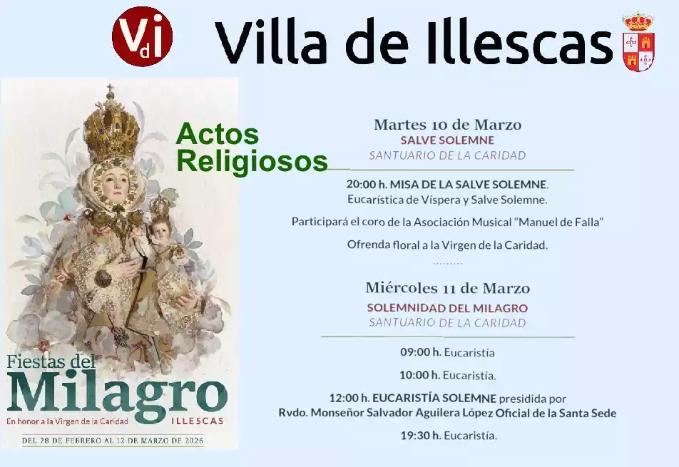 Fiestas del Milagro Illescas 2026. Actos religiosos dias 10 y 11